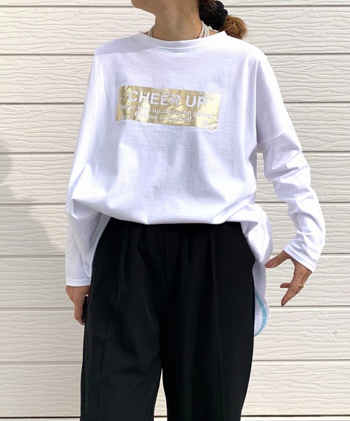 tシャツ スクエア箔プリントロンT レディース セール】スクエア箔プリントロンT（Tシャツ/カットソー）｜Q
