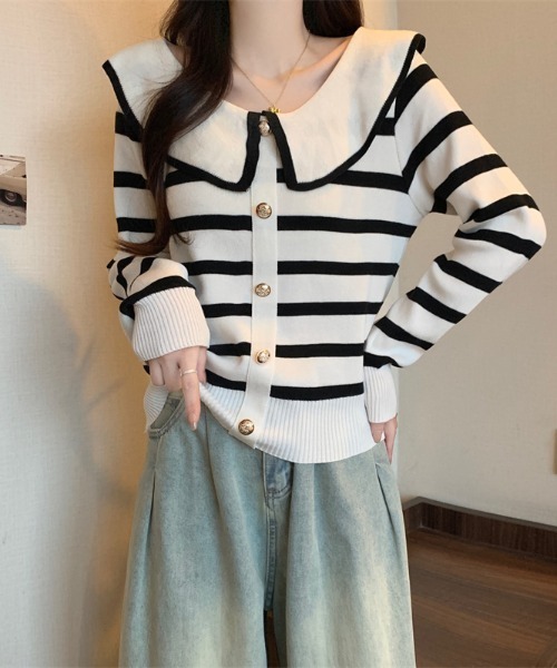 セール】ビッグカラーボーダーニットトップス（ニット/セーター
