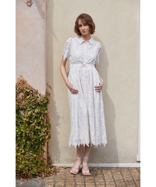 Charlotte Belted Lace Dress リーフケミカルレースシャツドレス