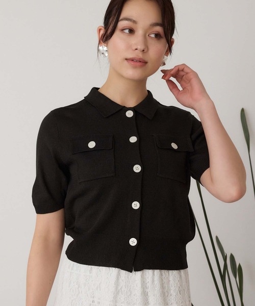 Edit Sheen（エディットシーン）の「衿付半袖ニットカーディガン（カーディガン/ボレロ・レディース・ベージュ/ブラック・M）」の2枚目の写真