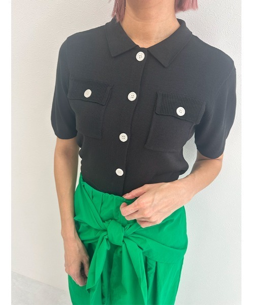 Edit Sheen（エディットシーン）の「衿付半袖ニットカーディガン（カーディガン/ボレロ・レディース・ベージュ/ブラック・M）」の19枚目の写真