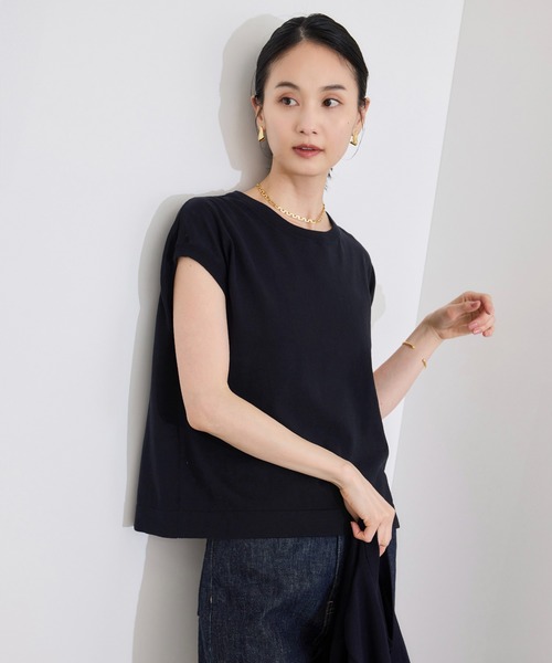 ROPE'（ロペ）の「【洗える】オーガニックコットンハイゲージフレンチスリーブニット（ニット/セーター・レディース・ネイビー/ホワイト/ターコイズブルー・FREE）」の3枚目の写真