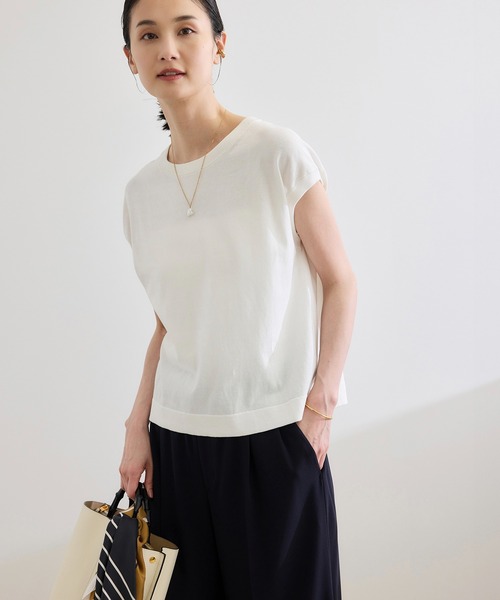 ROPE'（ロペ）の「【洗える】オーガニックコットンハイゲージフレンチスリーブニット（ニット/セーター・レディース・ネイビー/ホワイト/ターコイズブルー・FREE）」の2枚目の写真