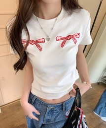 リボン刺繍 クルーネック ショート丈 半袖 Tシャツ