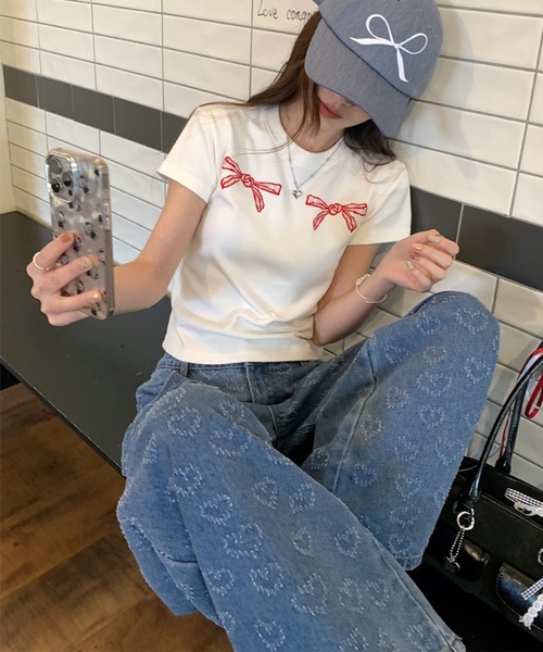Lace Ladies(レースレディース)の「リボン刺繍 クルーネック ショート丈 半袖 Tシャツ(Tシャツ/カットソー・レディース・ネイビー/ホワイト・M/XL)」の6枚目の写真