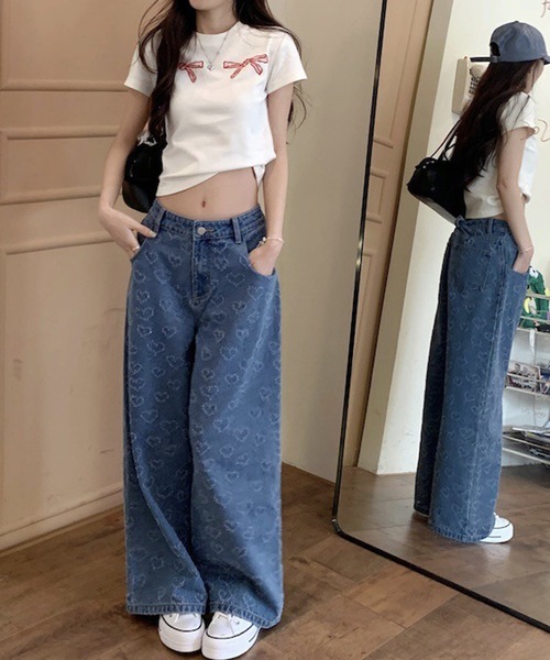 Lace Ladies(レースレディース)の「リボン刺繍 クルーネック ショート丈 半袖 Tシャツ(Tシャツ/カットソー・レディース・ネイビー/ホワイト・M/XL)」の5枚目の写真