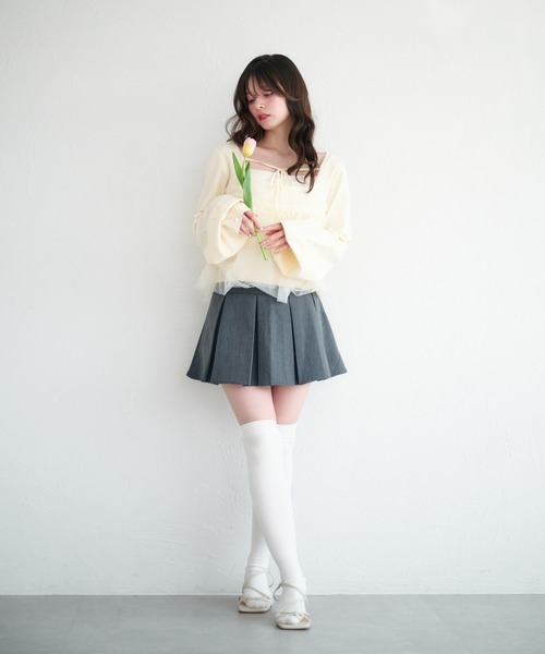 fupel（フぺル）の「tulle ruffle peplum tops / チュールフリルペプラムトップス（ニット/セーター・レディース・アイボリー/ライトグリーン・FREE）」の5枚目の写真