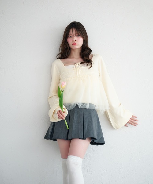 fupel（フぺル）の「tulle ruffle peplum tops / チュールフリルペプラムトップス（ニット/セーター・レディース・アイボリー/ライトグリーン・FREE）」の7枚目の写真