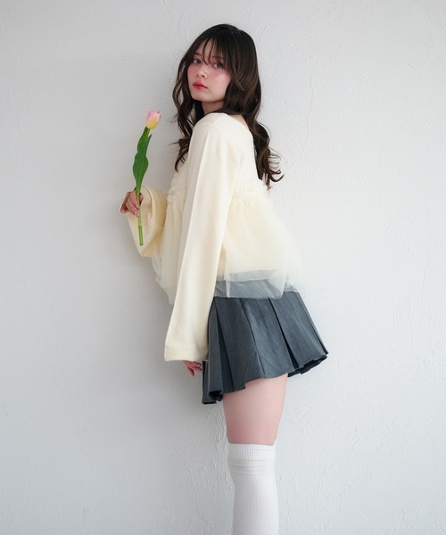 fupel（フぺル）の「tulle ruffle peplum tops / チュールフリルペプラムトップス（ニット/セーター・レディース・アイボリー/ライトグリーン・FREE）」の9枚目の写真