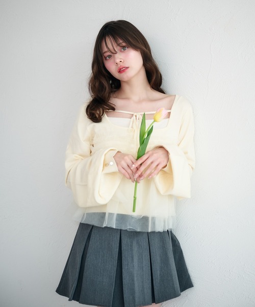 fupel（フぺル）の「tulle ruffle peplum tops / チュールフリルペプラムトップス（ニット/セーター・レディース・アイボリー/ライトグリーン・FREE）」の12枚目の写真