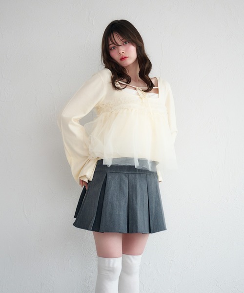fupel（フぺル）の「tulle ruffle peplum tops / チュールフリルペプラムトップス（ニット/セーター・レディース・アイボリー/ライトグリーン・FREE）」の13枚目の写真