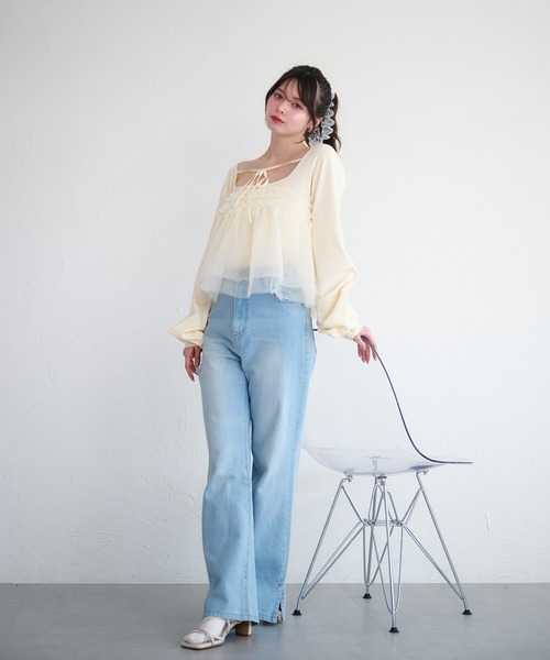 fupel（フぺル）の「tulle ruffle peplum tops / チュールフリルペプラムトップス（ニット/セーター・レディース・アイボリー/ライトグリーン・FREE）」の18枚目の写真