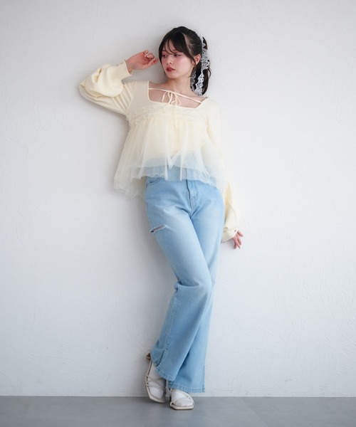 fupel（フぺル）の「tulle ruffle peplum tops / チュールフリルペプラムトップス（ニット/セーター・レディース・アイボリー/ライトグリーン・FREE）」の19枚目の写真