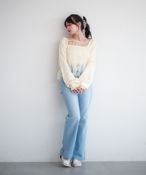 fupel（フぺル）の「tulle ruffle peplum tops / チュールフリルペプラムトップス（ニット/セーター・レディース・アイボリー/ライトグリーン・FREE）」の20枚目の写真