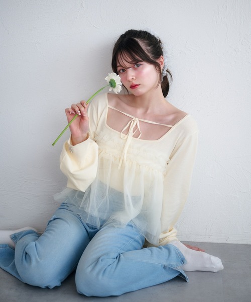 fupel（フぺル）の「tulle ruffle peplum tops / チュールフリルペプラムトップス（ニット/セーター・レディース・アイボリー/ライトグリーン・FREE）」の16枚目の写真