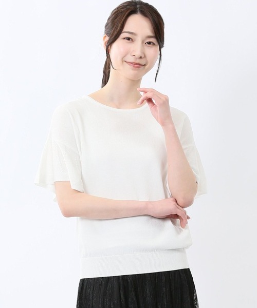 m.f.editorial（エムエフエディトリアル）の「【ハンドウォッシャブル】m.f.エディトリアル レディース クルーネック フレア袖 ニットプルオーバー（ニット/セーター・レディース・ブラック/ピンク系その他/ホワイト・MEDIUM/LARGE）」の2枚目の写真