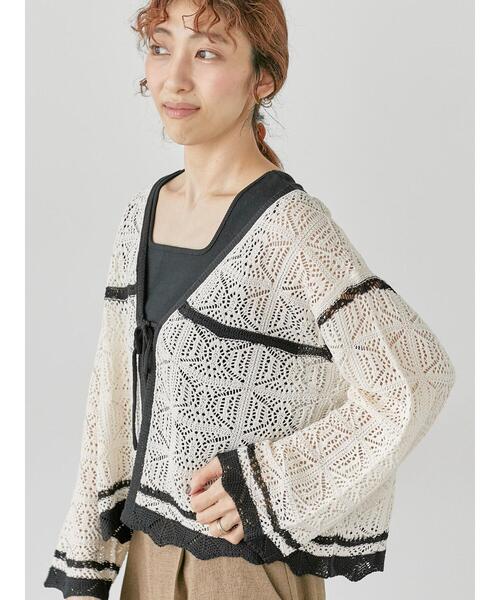 Lugnoncure(ルノンキュール)の「◎クロシェ編み風ショートカーディガン(カーディガン/ボレロ・レディース・ブラック/ブラウン/キナリ・F)」の2枚目の写真