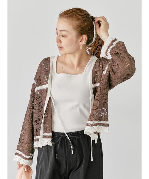 Lugnoncure(ルノンキュール)の「◎クロシェ編み風ショートカーディガン(カーディガン/ボレロ・レディース・ブラック/ブラウン/キナリ・F)」の6枚目の写真