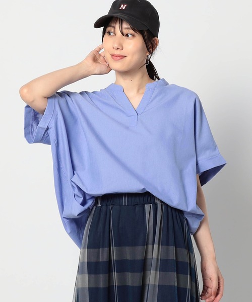 Grand PARK（グランドパーク）の「爽やか吸水速乾リネン　スキッパーシャツ（シャツ/ブラウス・レディース・ネイビー/ラベンダー/イエロー/ホワイト/グリーン/サックスブルー・FREE）」の4枚目の写真