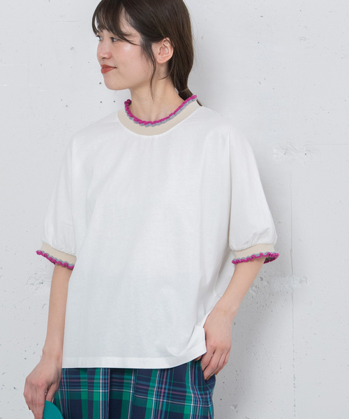 POU DOU DOU（プードゥドゥ）の「ニットフリル使いドルマントップス（Tシャツ/カットソー・レディース・ライトグレー/オフホワイト/ブラック・M）」の8枚目の写真