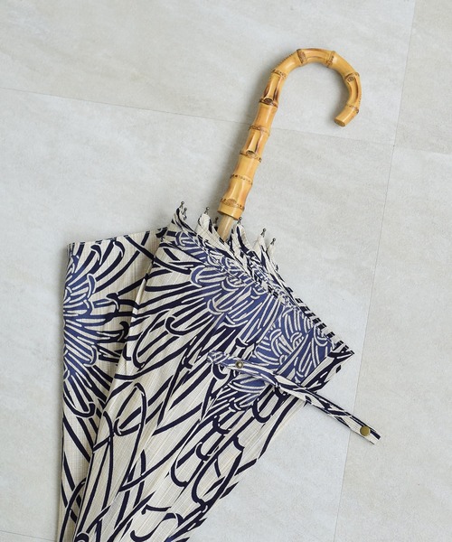 日傘 utatane×注染工房 バンブーハンドル 先染めベージュに紺色の菊