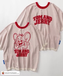 【72】【TOM&JERRY/トムとジェリー】カレッジロゴ & キャラクターデザイン リンガー半袖ニット /バックデザイン/ショート丈