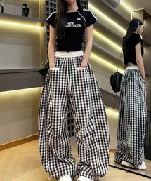 millebonheur ハイウエストパンツ グレーギンガム millebonheur ハイウエストパンツ グレーギンガム （パイピング