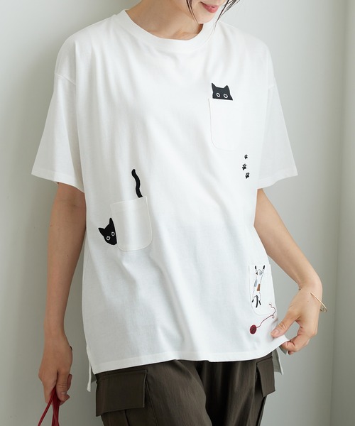 BELLUNA PLUS(ベルーナ)の「ネコ刺しゅうビッグプルオーバー(Tシャツ/カットソー・レディース・チャコール/オフホワイト/ホワイト系/オートミール・X-LARGE/LARGE/MEDIUM)」の2枚目の写真