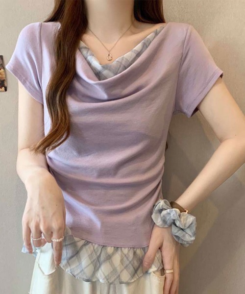 NANAHACHI(ナナハチ)の「チェックフリル ドレープトップス&シュシュセット(Tシャツ/カットソー・レディース・ラベンダー/ライトブルー/アイボリー・FREE)」の3枚目の写真