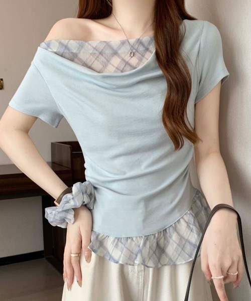 NANAHACHI(ナナハチ)の「チェックフリル ドレープトップス&シュシュセット(Tシャツ/カットソー・レディース・ラベンダー/ライトブルー/アイボリー・FREE)」の2枚目の写真