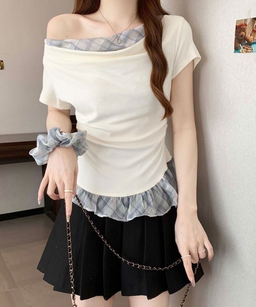 NANAHACHI(ナナハチ)の「チェックフリル ドレープトップス&シュシュセット(Tシャツ/カットソー・レディース・ラベンダー/ライトブルー/アイボリー・FREE)」の5枚目の写真