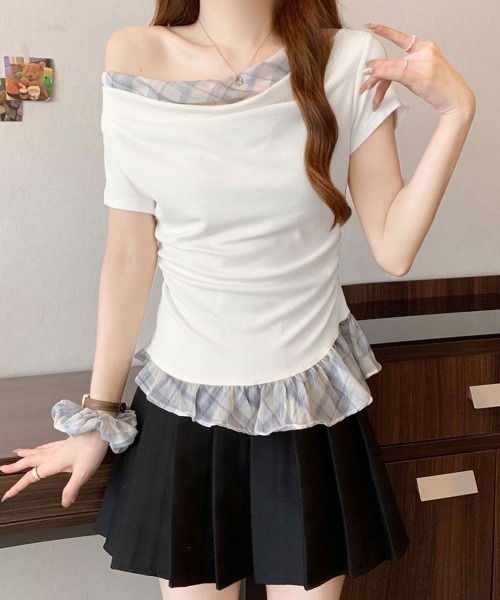 NANAHACHI(ナナハチ)の「チェックフリル ドレープトップス&シュシュセット(Tシャツ/カットソー・レディース・ラベンダー/ライトブルー/アイボリー・FREE)」の4枚目の写真