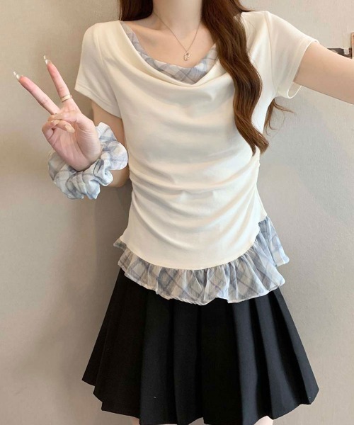 NANAHACHI(ナナハチ)の「チェックフリル ドレープトップス&シュシュセット(Tシャツ/カットソー・レディース・ラベンダー/ライトブルー/アイボリー・FREE)」の6枚目の写真