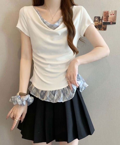 NANAHACHI(ナナハチ)の「チェックフリル ドレープトップス&シュシュセット(Tシャツ/カットソー・レディース・ラベンダー/ライトブルー/アイボリー・FREE)」の13枚目の写真