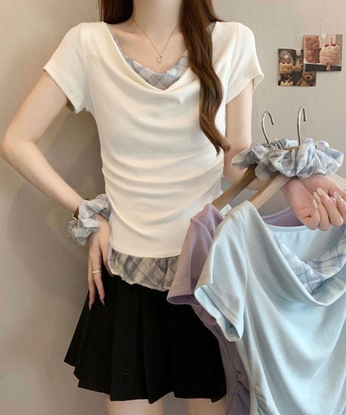 NANAHACHI(ナナハチ)の「チェックフリル ドレープトップス&シュシュセット(Tシャツ/カットソー・レディース・ラベンダー/ライトブルー/アイボリー・FREE)」の14枚目の写真