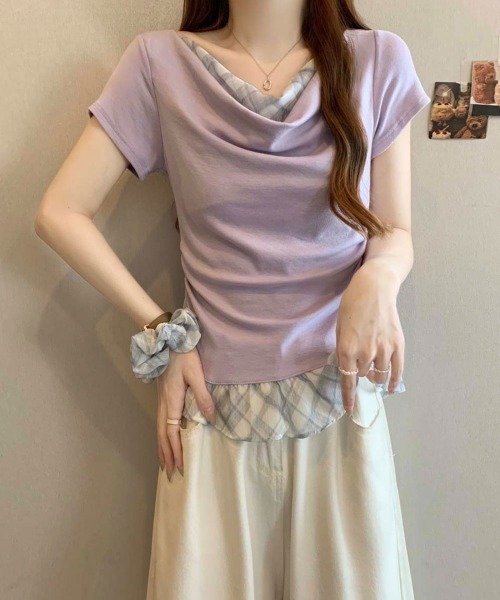 NANAHACHI(ナナハチ)の「チェックフリル ドレープトップス&シュシュセット(Tシャツ/カットソー・レディース・ラベンダー/ライトブルー/アイボリー・FREE)」の7枚目の写真