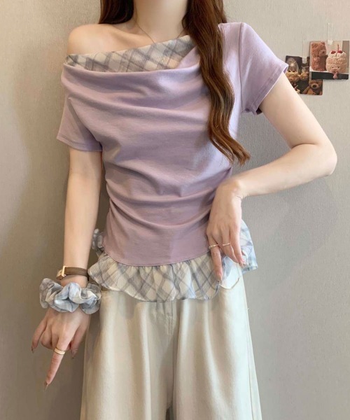 NANAHACHI(ナナハチ)の「チェックフリル ドレープトップス&シュシュセット(Tシャツ/カットソー・レディース・ラベンダー/ライトブルー/アイボリー・FREE)」の8枚目の写真
