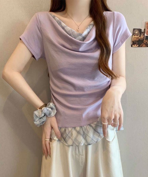 NANAHACHI(ナナハチ)の「チェックフリル ドレープトップス&シュシュセット(Tシャツ/カットソー・レディース・ラベンダー/ライトブルー/アイボリー・FREE)」の9枚目の写真