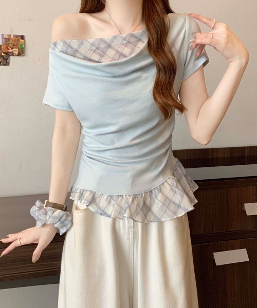 NANAHACHI(ナナハチ)の「チェックフリル ドレープトップス&シュシュセット(Tシャツ/カットソー・レディース・ラベンダー/ライトブルー/アイボリー・FREE)」の11枚目の写真