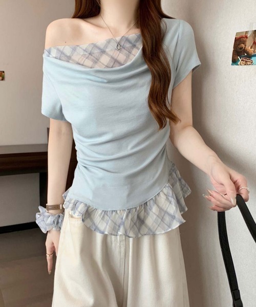 NANAHACHI(ナナハチ)の「チェックフリル ドレープトップス&シュシュセット(Tシャツ/カットソー・レディース・ラベンダー/ライトブルー/アイボリー・FREE)」の15枚目の写真