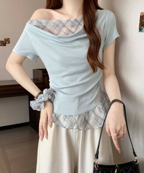 NANAHACHI(ナナハチ)の「チェックフリル ドレープトップス&シュシュセット(Tシャツ/カットソー・レディース・ラベンダー/ライトブルー/アイボリー・FREE)」の16枚目の写真