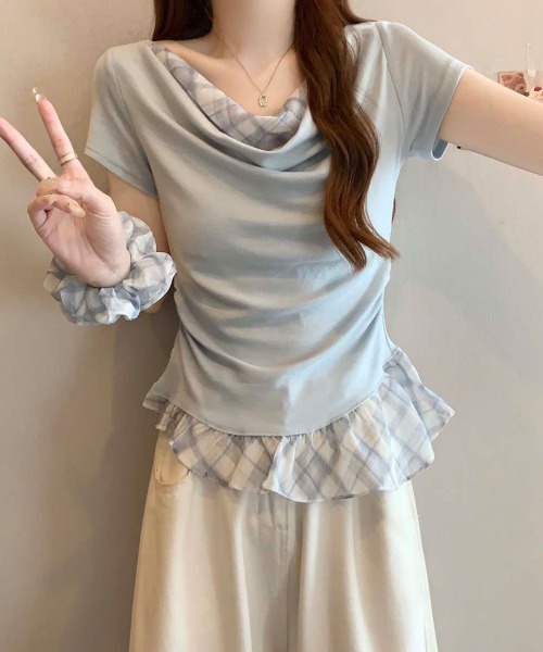 NANAHACHI(ナナハチ)の「チェックフリル ドレープトップス&シュシュセット(Tシャツ/カットソー・レディース・ラベンダー/ライトブルー/アイボリー・FREE)」の12枚目の写真