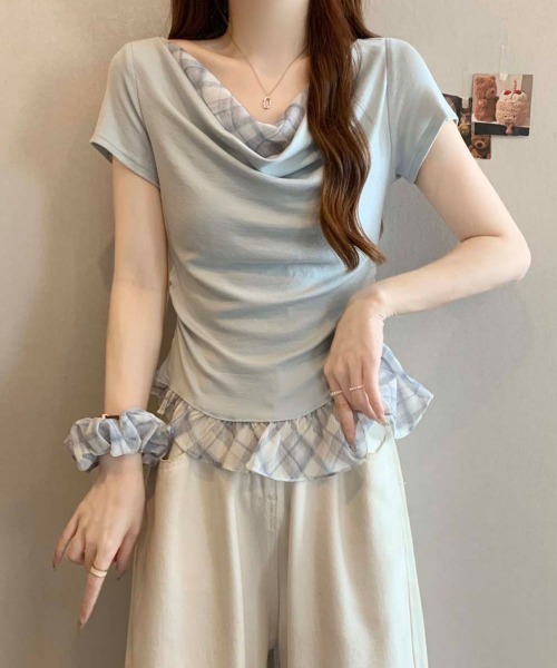 NANAHACHI(ナナハチ)の「チェックフリル ドレープトップス&シュシュセット(Tシャツ/カットソー・レディース・ラベンダー/ライトブルー/アイボリー・FREE)」の17枚目の写真