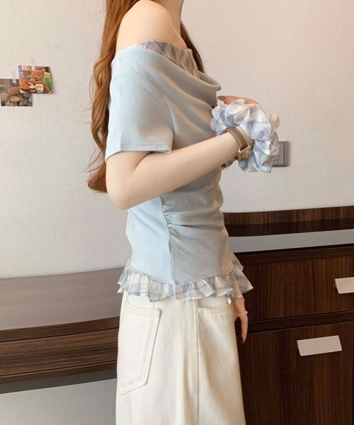 NANAHACHI(ナナハチ)の「チェックフリル ドレープトップス&シュシュセット(Tシャツ/カットソー・レディース・ラベンダー/ライトブルー/アイボリー・FREE)」の18枚目の写真