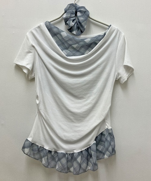 NANAHACHI(ナナハチ)の「チェックフリル ドレープトップス&シュシュセット(Tシャツ/カットソー・レディース・ラベンダー/ライトブルー/アイボリー・FREE)」の20枚目の写真