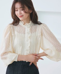 RUIRUE BOUTIQUE（ルイルエブティック）の「洗える ｜ ドット シフォン ピンタック ブラウス ｜ レディース シアー トップス 体型カバー 長袖 透け感 オフィスカジュアル きれいめ 大人かわいい シャツ（シャツ/ブラウス）」