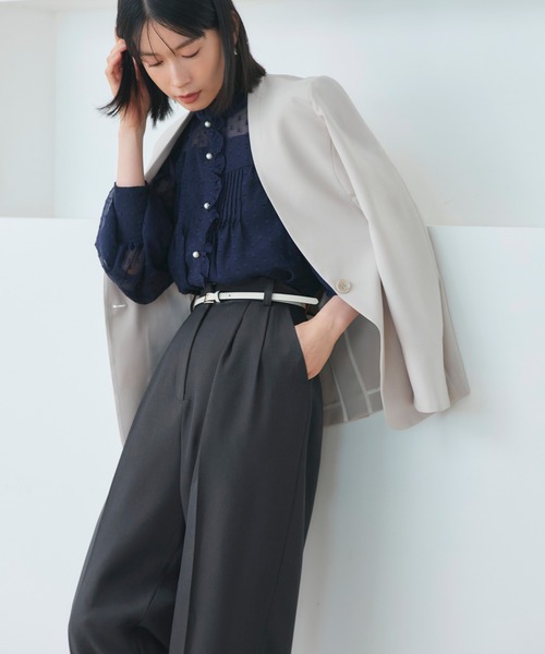RUIRUE BOUTIQUE（ルイルエブティック）の「洗える ｜ ドット シフォン ピンタック ブラウス ｜ レディース シアー トップス 体型カバー 長袖 透け感 オフィスカジュアル きれいめ 大人かわいい シャツ（シャツ/ブラウス・レディース・ブラック/ベージュ/ネイビー/オフホワイト・M/L）」の18枚目の写真