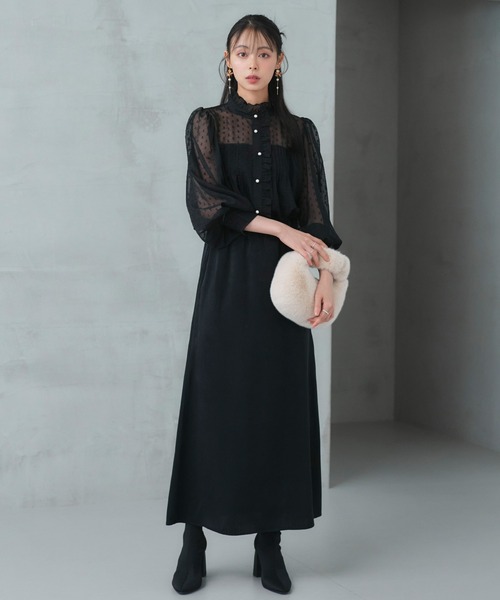 RUIRUE BOUTIQUE（ルイルエブティック）の「洗える ｜ ドット シフォン ピンタック ブラウス ｜ レディース シアー トップス 体型カバー 長袖 透け感 オフィスカジュアル きれいめ 大人かわいい シャツ（シャツ/ブラウス・レディース・ブラック/ベージュ/ネイビー/オフホワイト・M/L）」の22枚目の写真