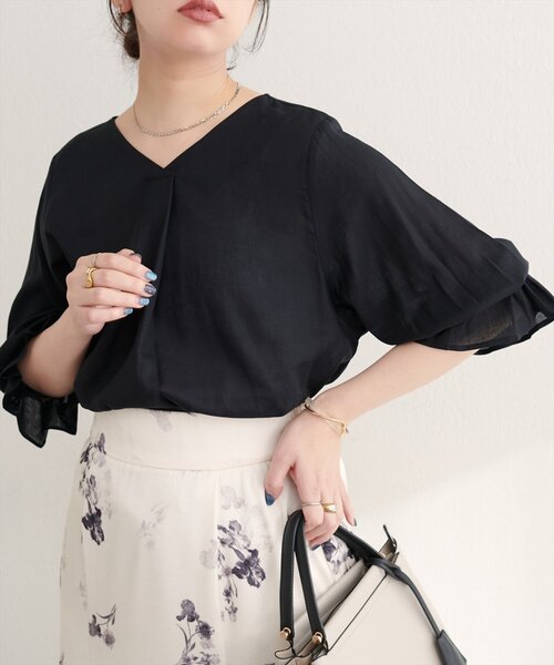 natural couture(ナチュラルクチュール)の「【WEB限定】麻レーヨンタック袖ブラウス(シャツ/ブラウス・レディース・オレンジ/その他1/アイボリー/サックスブルー/ブラック・FREE)」の7枚目の写真