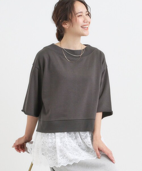 Cutie Blonde(キューティーブロンド)の「【2点セット】ハーフスリーブミニ裏毛プルオーバー&レースタンクトップSET(その他トップス・レディース・ライトグレー/ダークブラウン/チャコールグレー・00)」の2枚目の写真